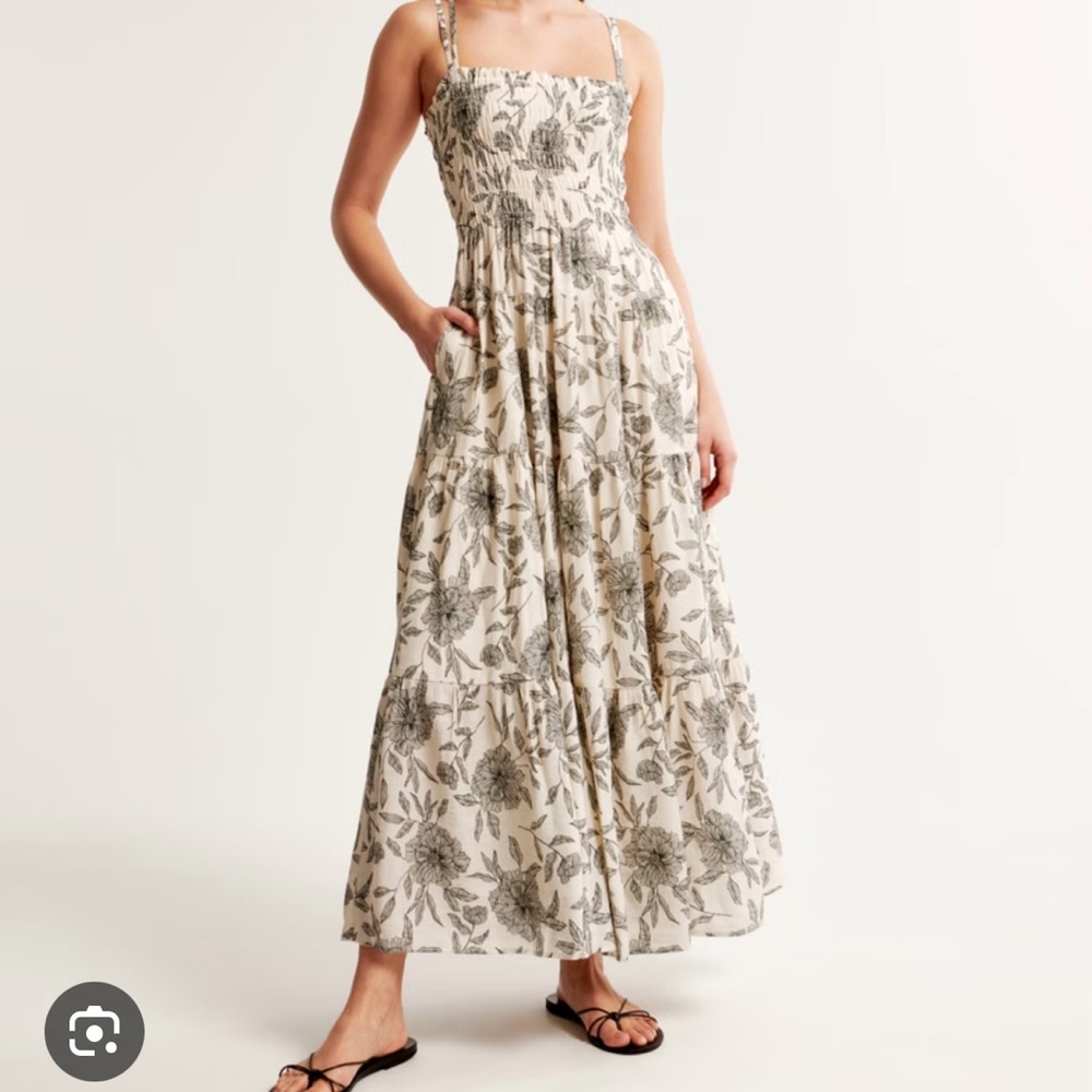 Abercrombie & Fitch Cream and Black Floral Smocked Maxi Dress